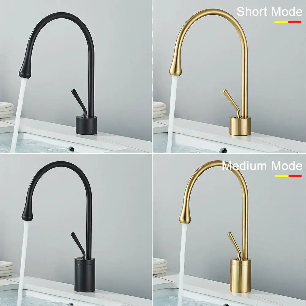 Modern matte black swivel waterfall basin faucet with minimalist curved spout in sleek black and decorbites gold tall finishes