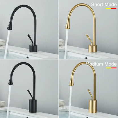 Modern matte black swivel waterfall basin faucet with minimalist curved spout in sleek black and decorbites gold tall finishes