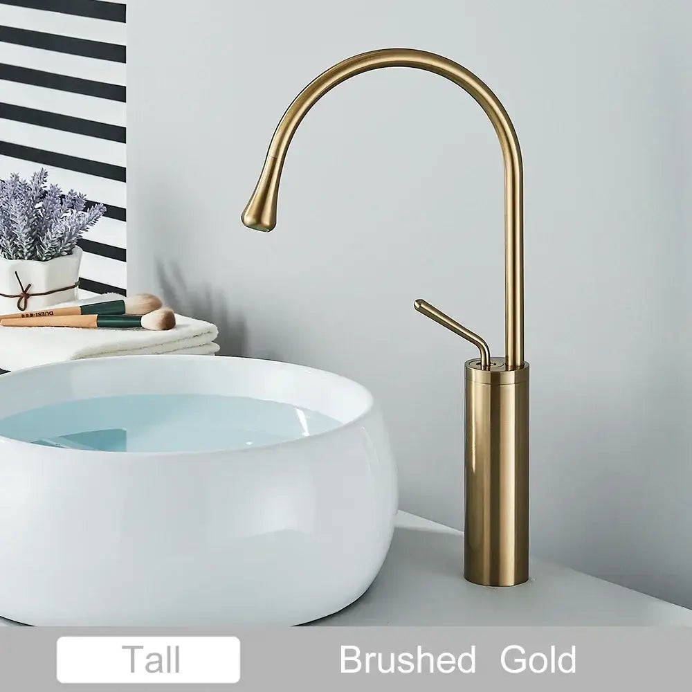 Brushed gold tall basin faucet with sleek curved spout and cylindrical base for modern bathroom decorbites gold tall design