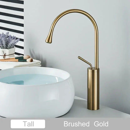 Brushed gold tall basin faucet with sleek curved spout and cylindrical base for modern bathroom decorbites gold tall design