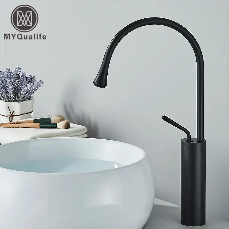 Modern matte black swivel waterfall basin faucet with curved spout and cylindrical base ideal for decorbites gold tall basin