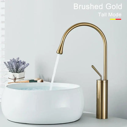 Brushed gold tall basin faucet with sleek arched spout and cylindrical base for modern decorbites gold tall bathroom mixer