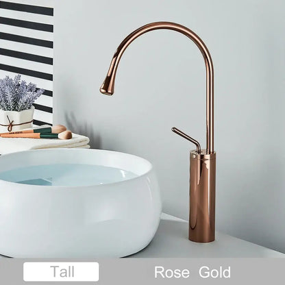 Rose gold tall basin faucet with sleek curved spout and cylindrical base for modern matte black swivel waterfall decorbites gold tall