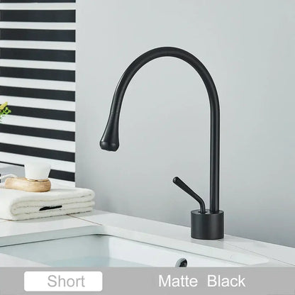 Modern matte black short basin faucet with a sleek curved spout and minimalist design for decorbites gold tall basin