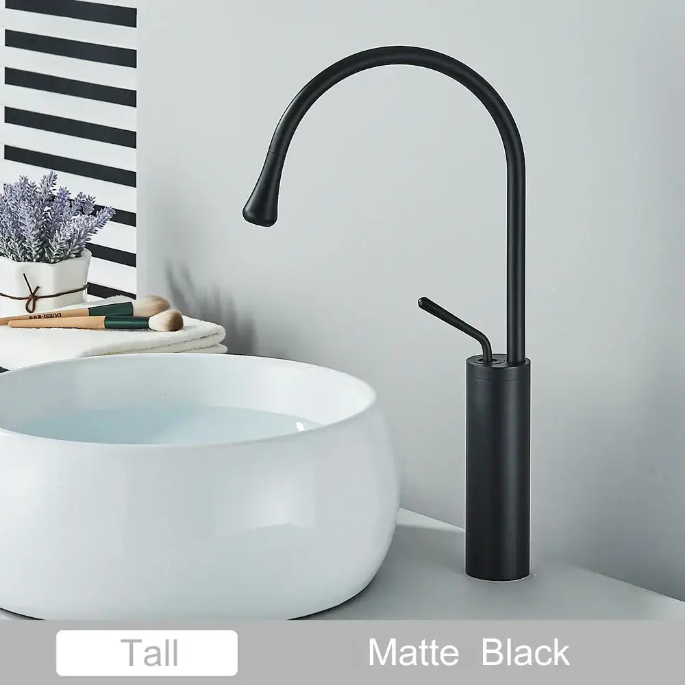 Modern matte black swivel waterfall basin faucet with sleek curved spout and cylindrical base for bathroom decorbites gold tall