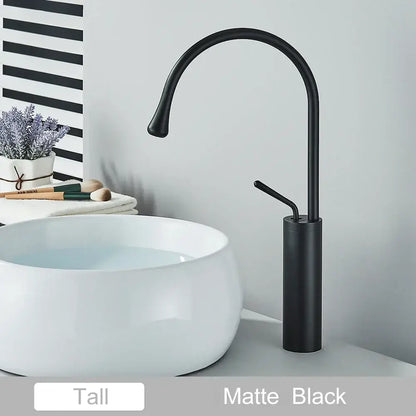 Modern matte black swivel waterfall basin faucet with sleek curved spout and cylindrical base for bathroom decorbites gold tall