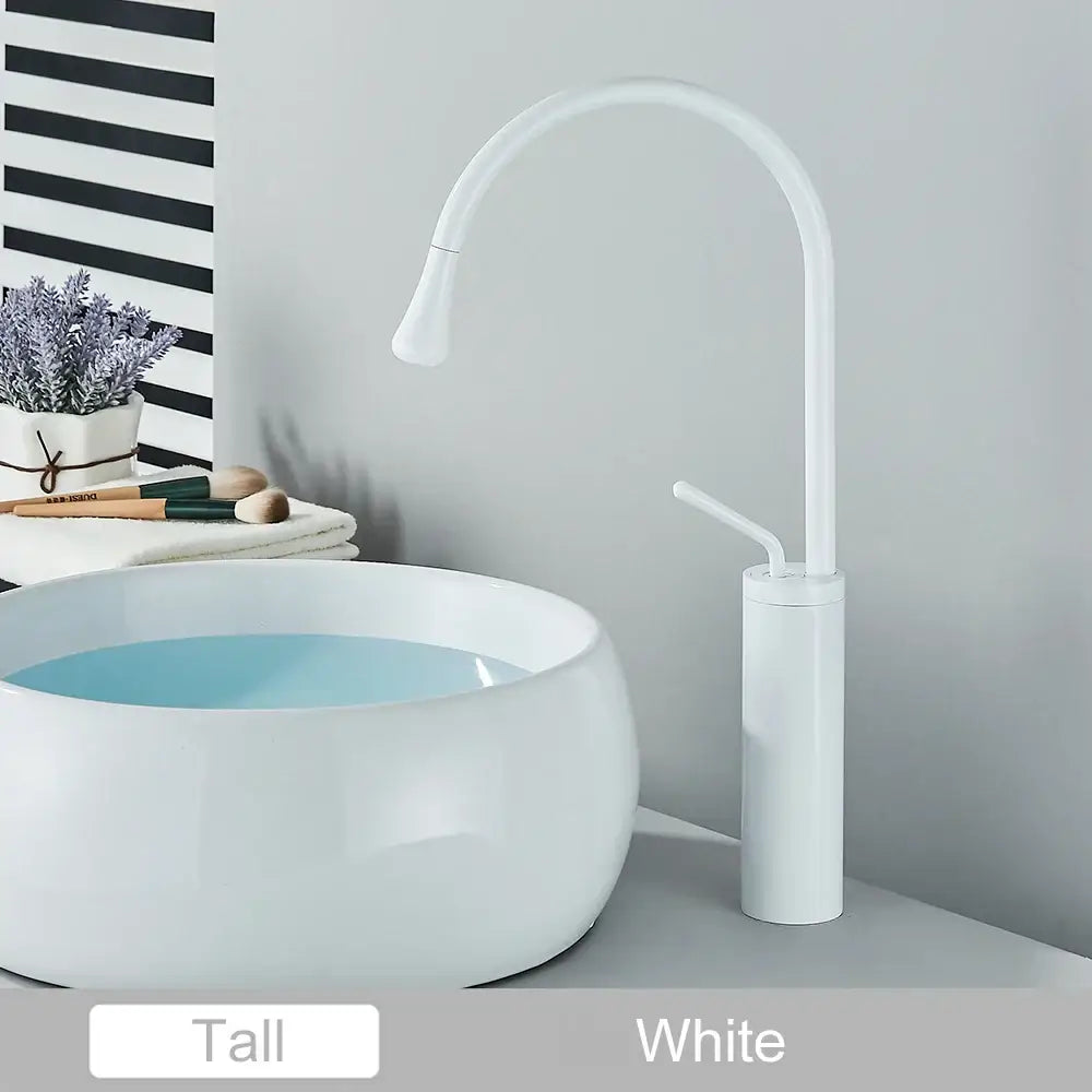 Modern matte black swivel waterfall basin faucet with white tall curved spout and minimalist design for bathroom decorbites gold tall basin