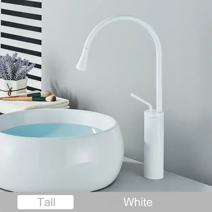 Modern matte black swivel waterfall basin faucet with white tall curved spout and minimalist design for bathroom decorbites gold tall basin