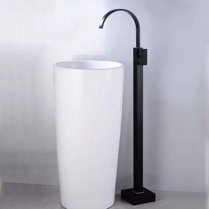 White ceramic pedestal sink paired with modern matte black tall basin faucet decorbites black tall finish