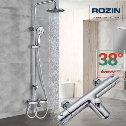 Chrome-finished thermostatic shower faucet set with rainhead and handheld nozzle featuring 38°c thermostatic valve