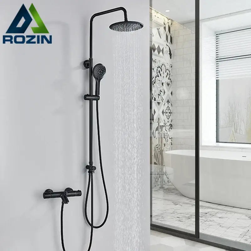 Modern matte black thermostatic shower faucet set with rainhead and handheld nozzle in sleek black matte finish