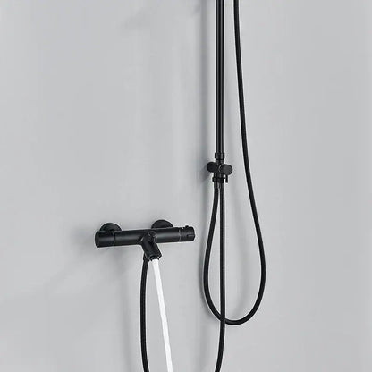 Modern matte black thermostatic shower faucet set with sleek handheld hose and wall-mounted control valve for bathroom rainfall