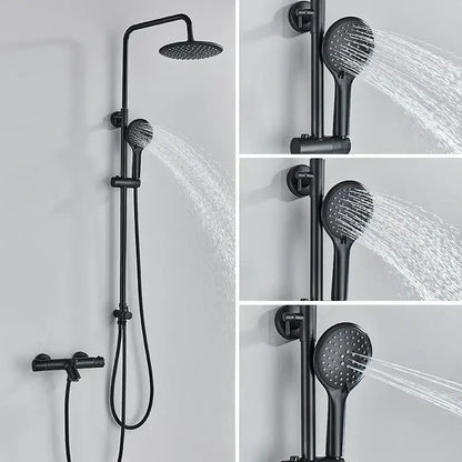 Modern matte black thermostatic shower faucet set with rectangular rainhead and handheld spray head for bathroom rainfall