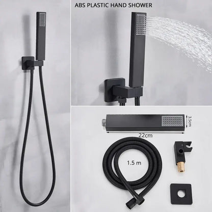 Modern matte black abs plastic hand shower with rectangular textured spray face in shower faucet set for bathroom