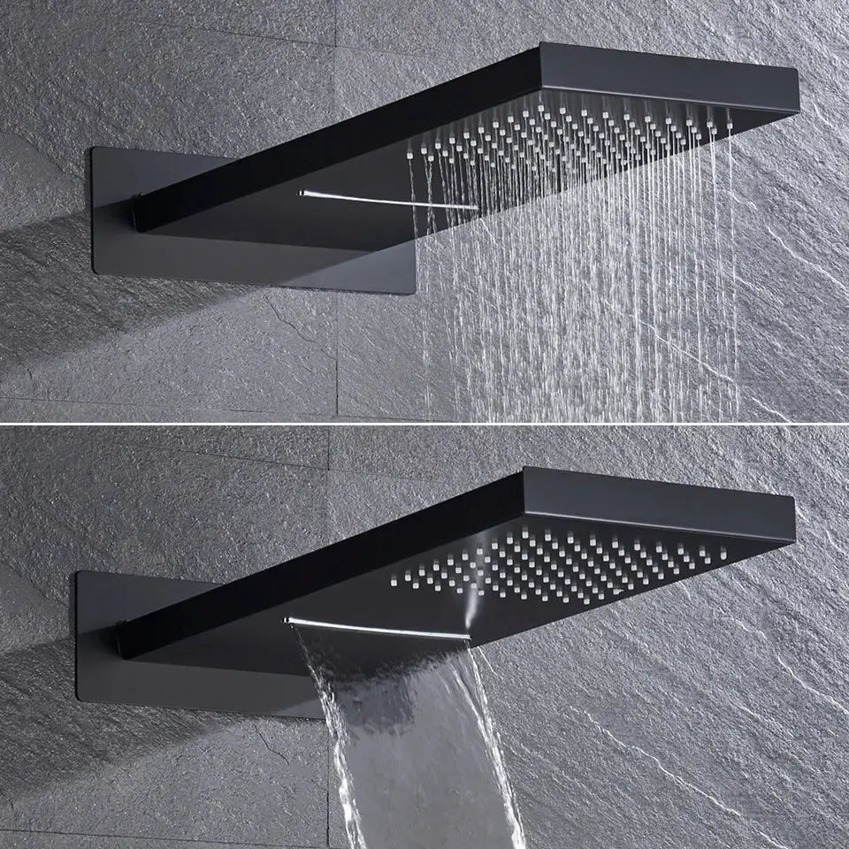 Modern matte black thermostatic shower faucet set with rectangular black matte wall-mounted showerhead and dual spray modes