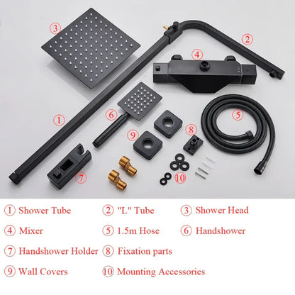 Modern matte black thermostatic shower faucet featuring a black matte-finished shower head with even nozzle grid