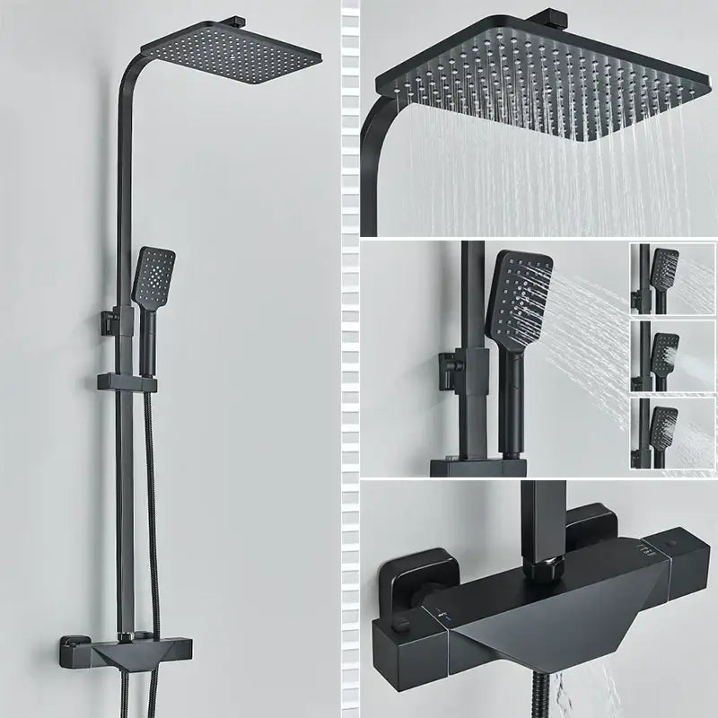 Modern matte black thermostatic shower faucet system with square rainhead and handheld spray for bathroom use