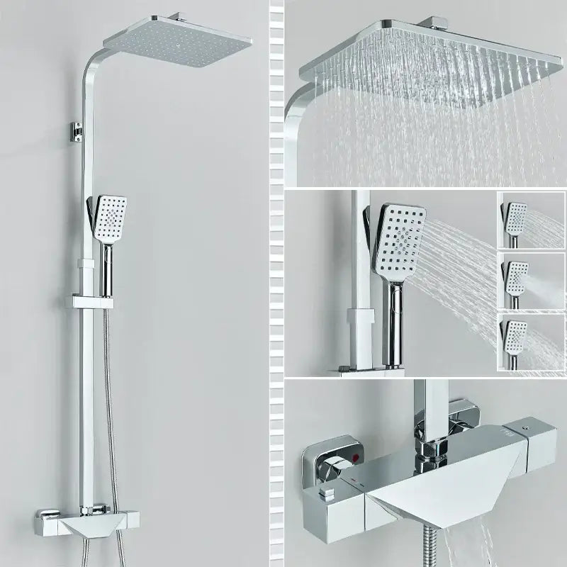 Modern matte black thermostatic shower faucet system with chrome square rainhead handheld spray and sleek rectangular faucet