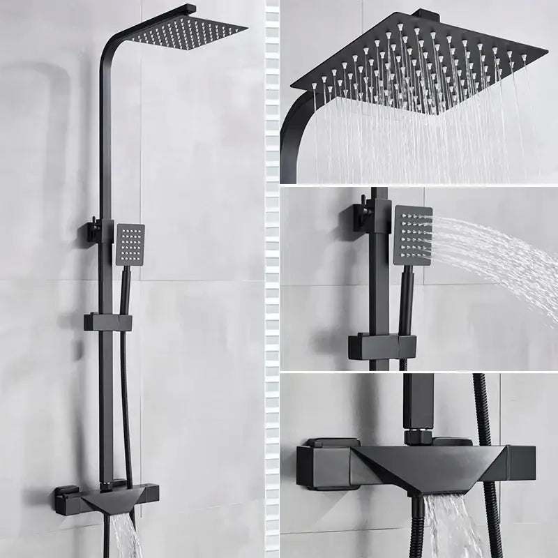 Modern matte black thermostatic shower faucet system with black matte square rain shower head and integrated handheld spray