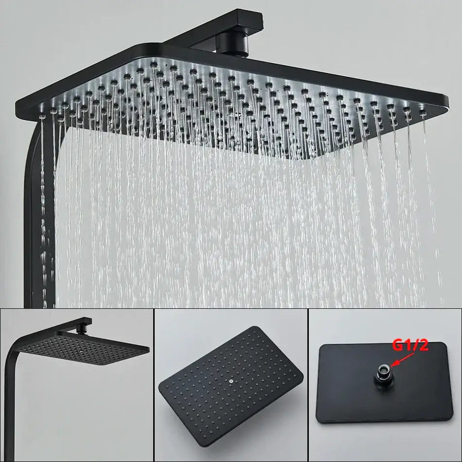 Modern matte black thermostatic shower faucet with a square black matte rain shower head and multiple water jets