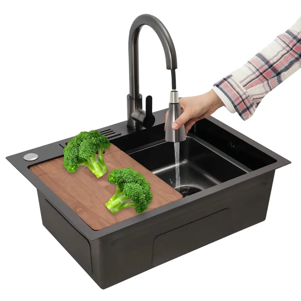 Modern matte black utility sink with single basin, integrated wooden cutting board, and gooseneck faucet