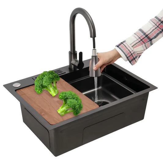Modern matte black utility sink with single basin, integrated wooden cutting board, and gooseneck faucet