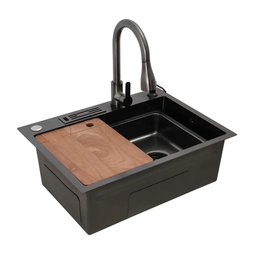Modern matte black utility sink with black stainless steel undermount design and integrated wooden cutting board on left side
