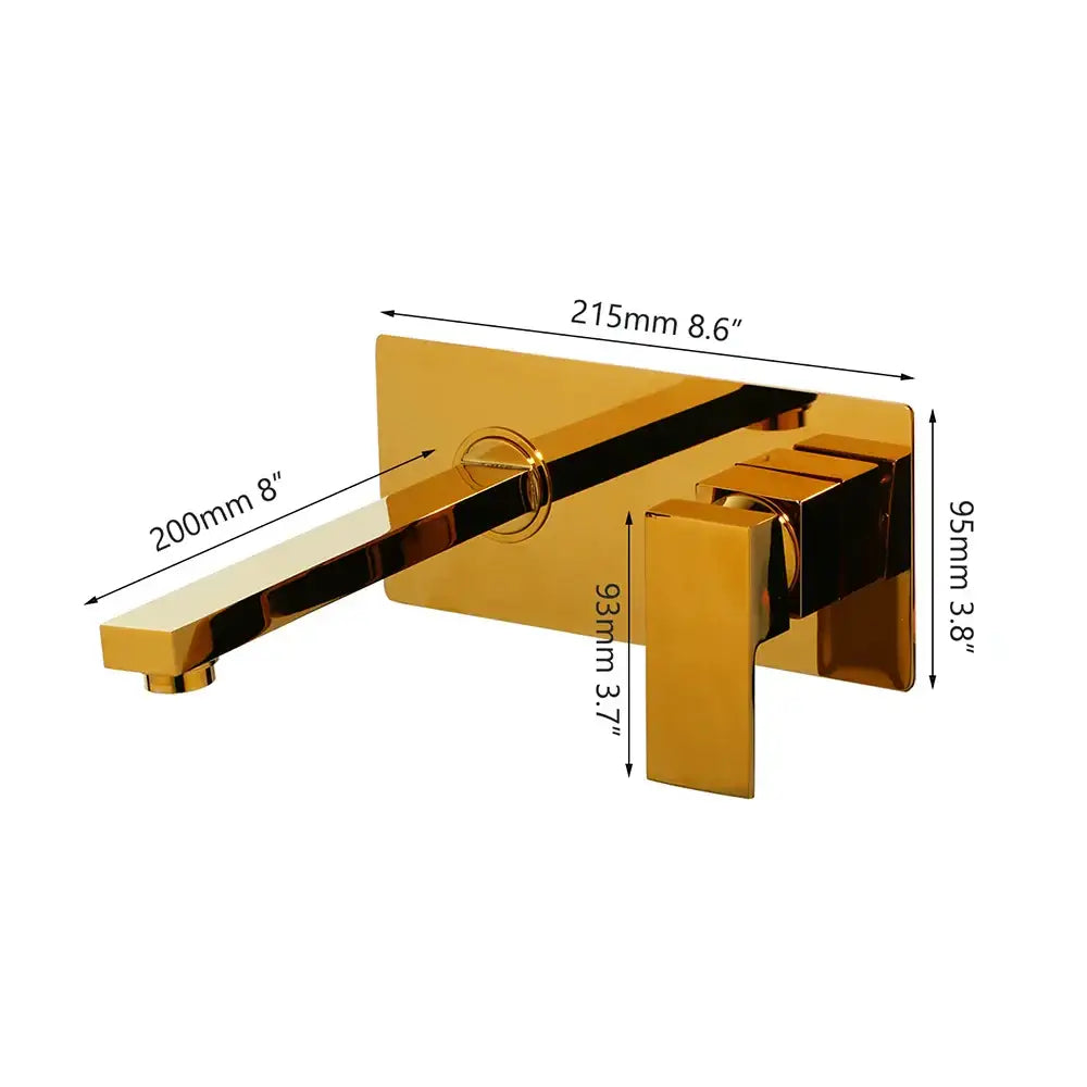 Gold-colored modern wall mounted basin faucet with sleek rectangular design and two square handles for bathroom decorbites black wall mounted use