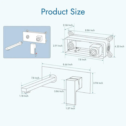 Modern brushed nickel wall-mounted faucet with sleek rectangular spout and high-quality ceramic valve core
