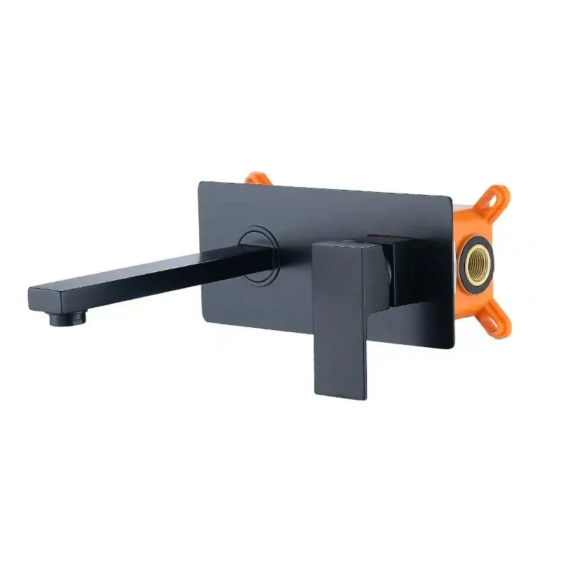Modern matte black wall mounted bathroom faucet with black surface finish and high-quality ceramic valve core shown with orange bracket