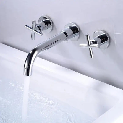Modern matte black wall mounted dual handle bathroom sink mixer tap with chrome finished curved spout and cross handles