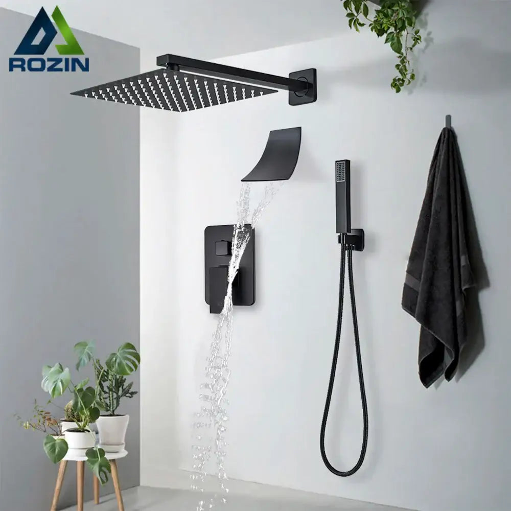 Modern matte black wall mounted rainfall shower with black matte rozin rectangular shower head and multiple nozzles