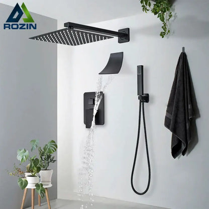 Modern matte black wall mounted rainfall shower with black matte rozin rectangular shower head and multiple nozzles