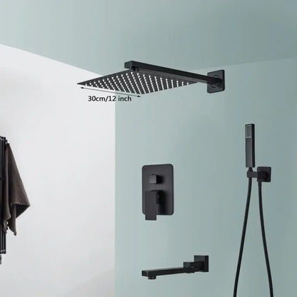 Modern matte black wall mounted rainfall showerhead with 30cm width and sleek black wall mounted design by decorbites
