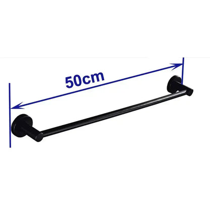 Modern matte black wall mounted towel bar made of black matte-finished metal with wood accents, 50cm length