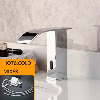 Modern matte black waterfall automatic sensor water mixer faucet with chrome finish and touchless hot and cold control