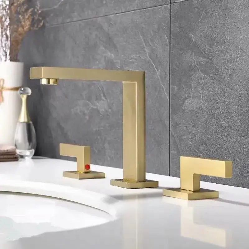 Modern brushed gold basin faucet with three handles angular minimalist design from decorbites brushed gold collection