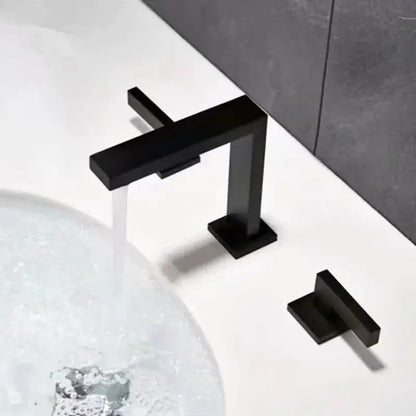 Modern matte black waterfall basin faucet with three square handles and matching separate handle for bathroom decorbites brushed gold
