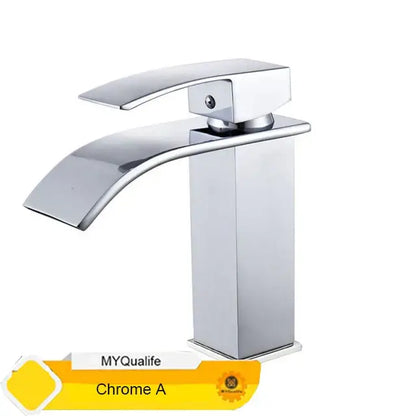 Modern chrome finished waterfall basin faucet mixer tap with sleek rectangular base and curved spout for bathroom use
