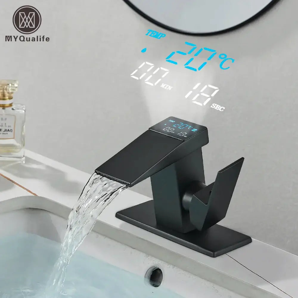 Modern matte black waterfall bathroom faucet with temperature display featuring decorbites brass waterfall design