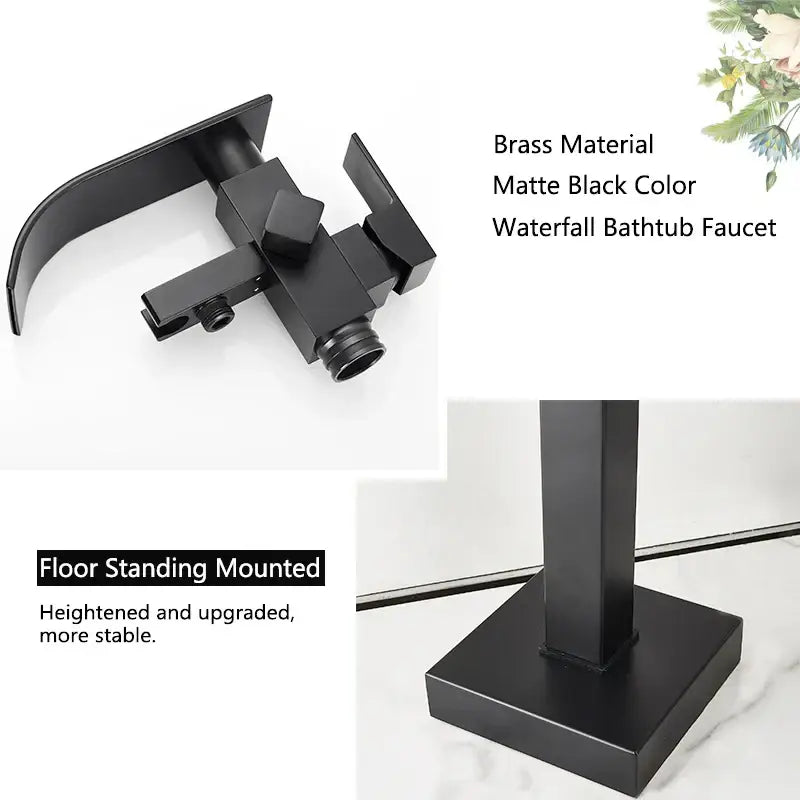 Modern matte black waterfall bathtub faucet with handheld shower floor-standing design by decorbites matte black brass