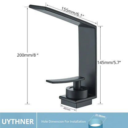 Modern matte black decorbites basin faucet with waterfall design and matte finish for bathroom use