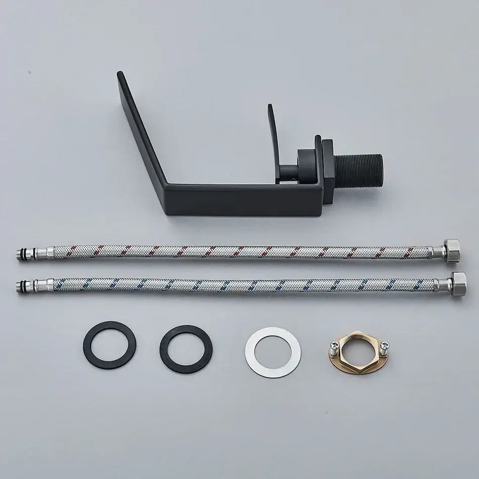 Modern matte black waterfall decorbites basin faucet with a minimalist design and integrated handle for bathroom use