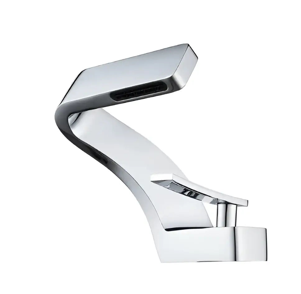 Modern chrome-finished decorbites basin faucet with sleek angular design and single lever handle for bathroom use