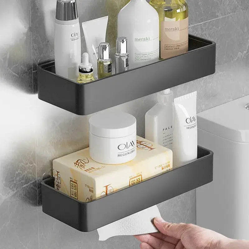 Modern matte black and white aluminum bathroom corner shelf with double tiers holding toiletries and tissue paper decorbites black aluminum