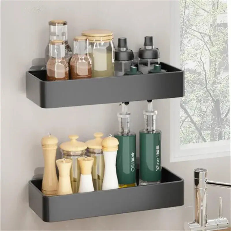 Modern matte black double-tier aluminum bathroom corner shelf with decorbites black aluminum design holding kitchen items