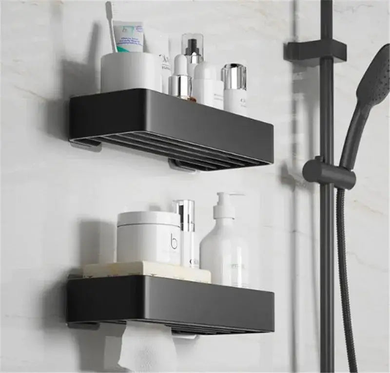Modern matte black and white aluminum bathroom corner shelf with decorbites black aluminum and integrated drainage slats