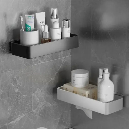 Modern matte black and white aluminum bathroom corner shelf storage with sleek trays and integrated hooks for toiletries decorbites black aluminum