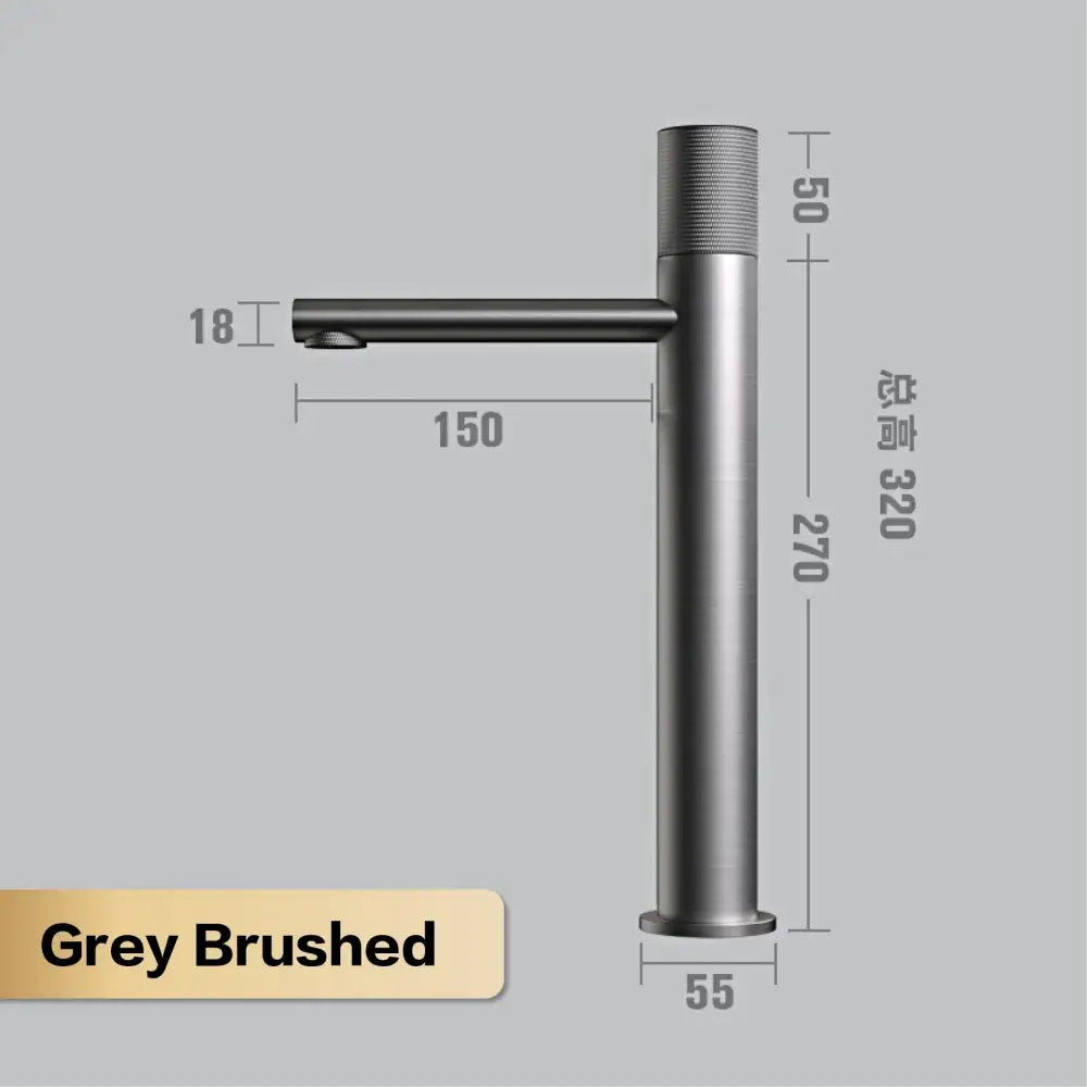 Modern matte bronze basin faucet with grey brushed metal waterfall spout and textured cylindrical knob for kitchen use