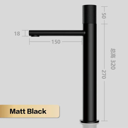 Matte black modern basin faucet with a sleek minimalist design and textured cylindrical handle for kitchen use